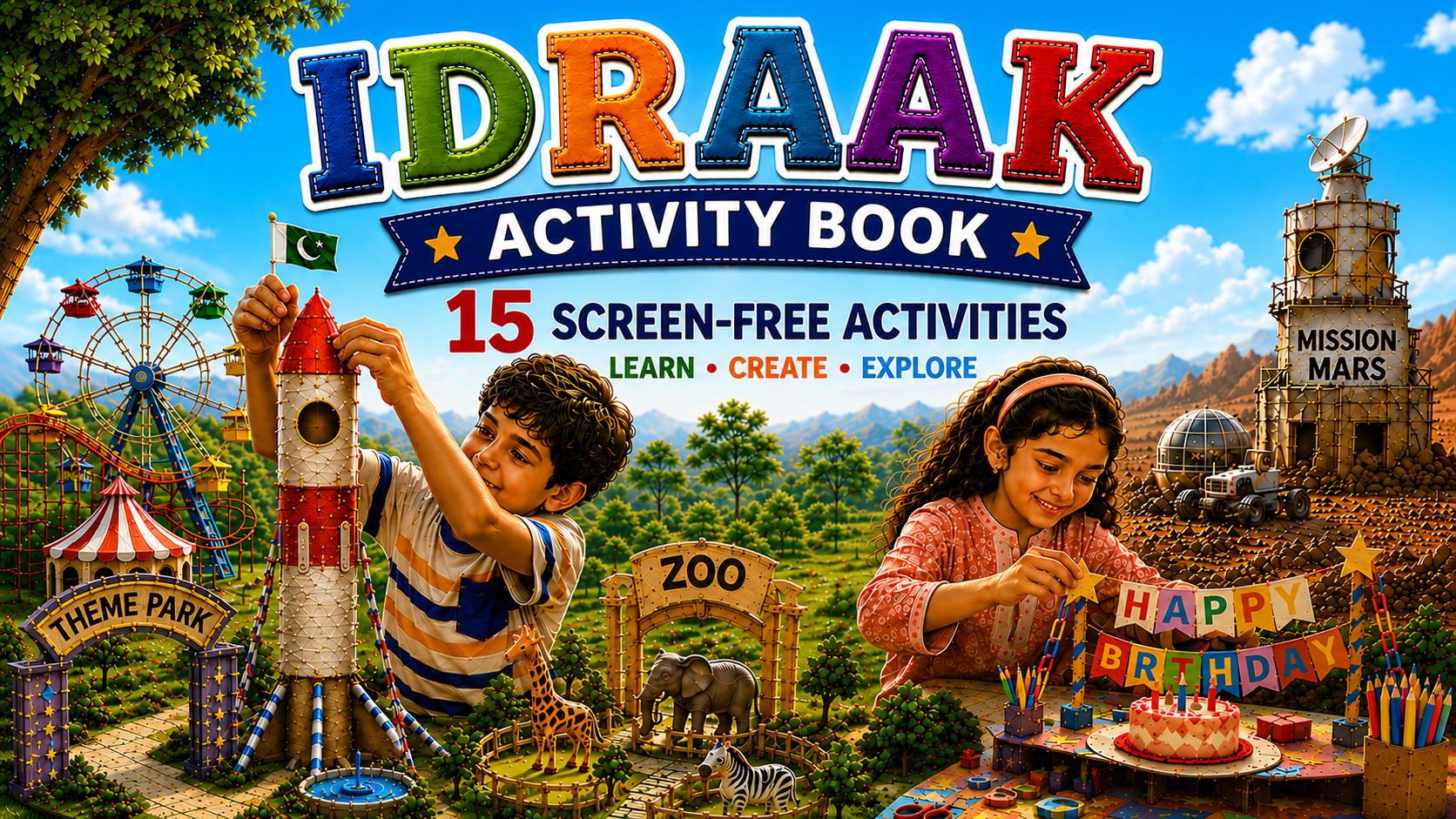 Cover of an 'Idraak Activity Book' with children engaging in activities and a colorful title.